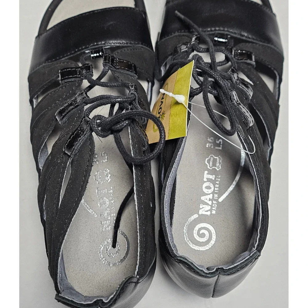 NAOT SELO Black Leather Lace Up Gladiator Wedge‎ Sandals Women's 36 EU 6 US NIB